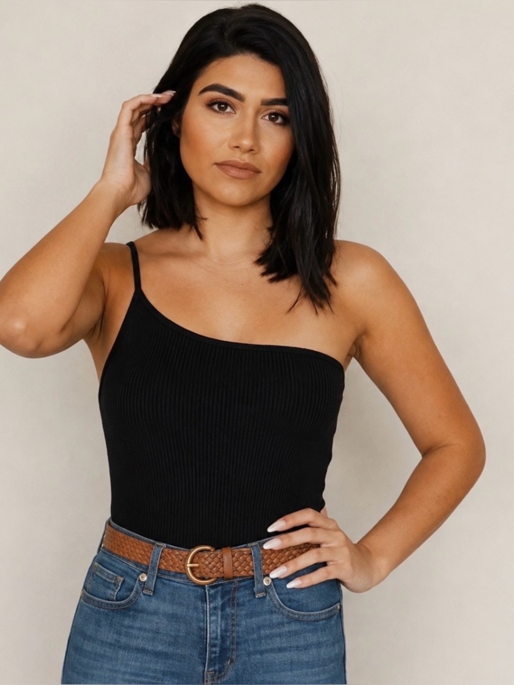 Black Ribbed One-Shoulder Bodysuit - Picture 1 of 4